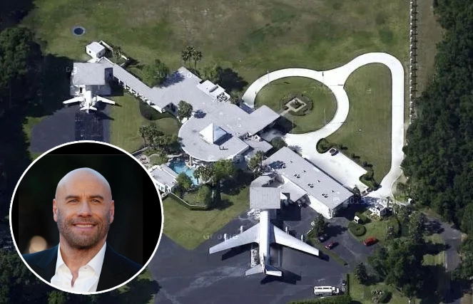 John Travolta house exterior view showing Florida mansion with private airport runway