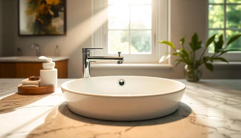 Modern luxury bathroom with a panoramic city view, showcasing sleek design and enameled fixtures for a refined ambiance. 