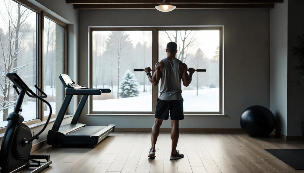 Man lifting weights in a modern home gym with treadmill and exercise ball, showcasing home gym meteorology shop evaluate fitnara for budget-friendly fitness design.