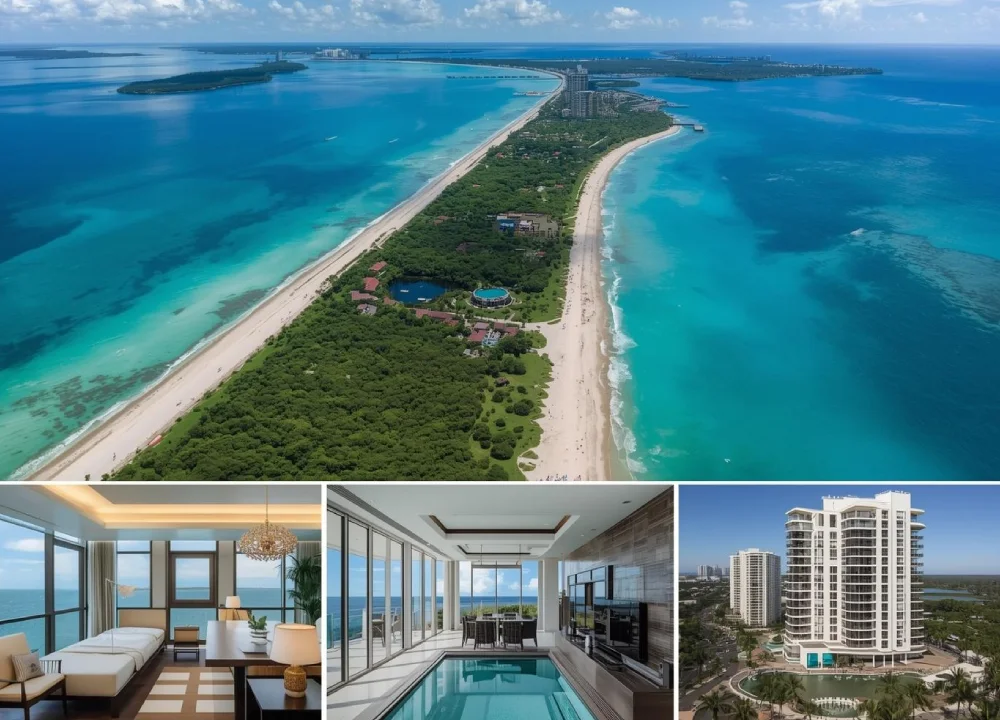 Aerial view of Key Biscayne’s coastline or a collage featuring Jay Schottenstein’s Key Biscayne penthouse, Manhattan Armani residence, and Miami Beach Ritz-Carlton properties.