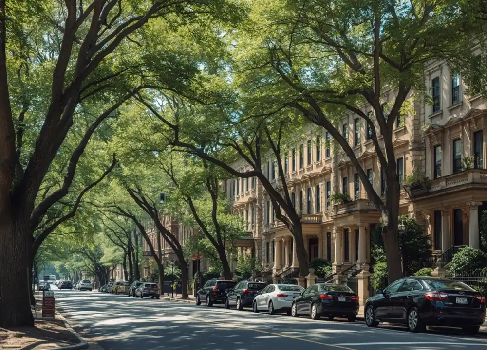 Tree-lined street with historic mansions in Washington DC’s Kalorama neighborhood, showcasing exclusive and elegant architecture.