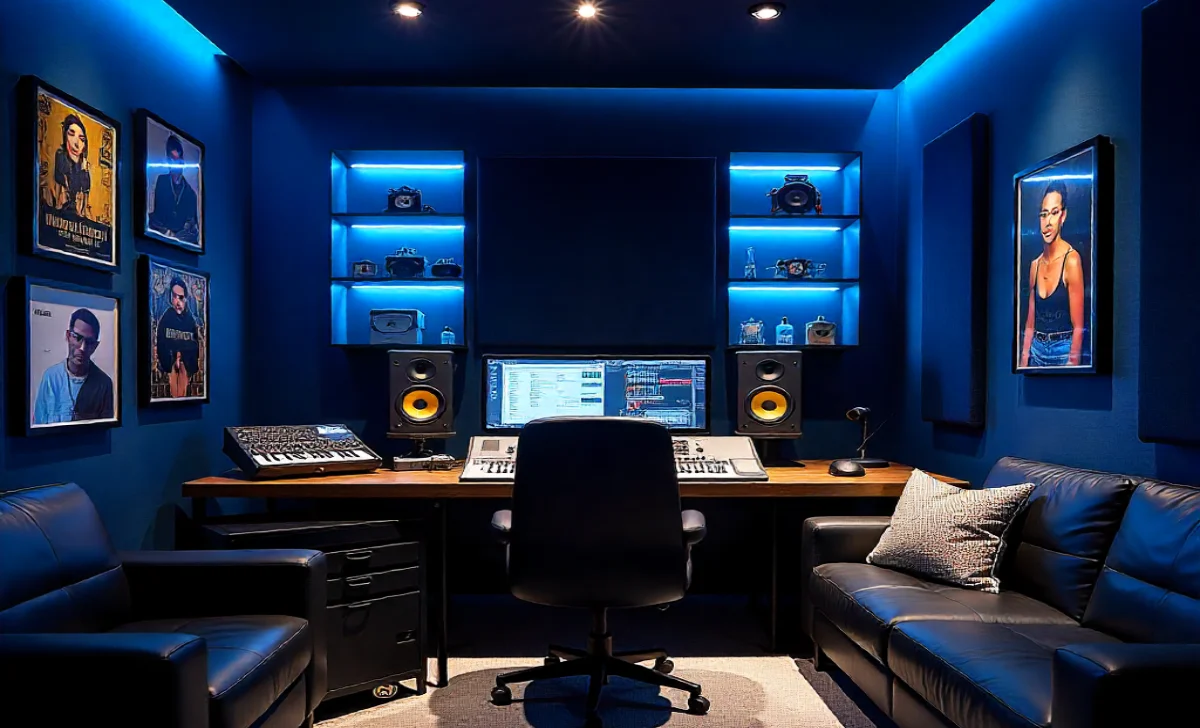 Paul Wall’s professional home recording studio with mixing console, soundproofing, and gold records on display.