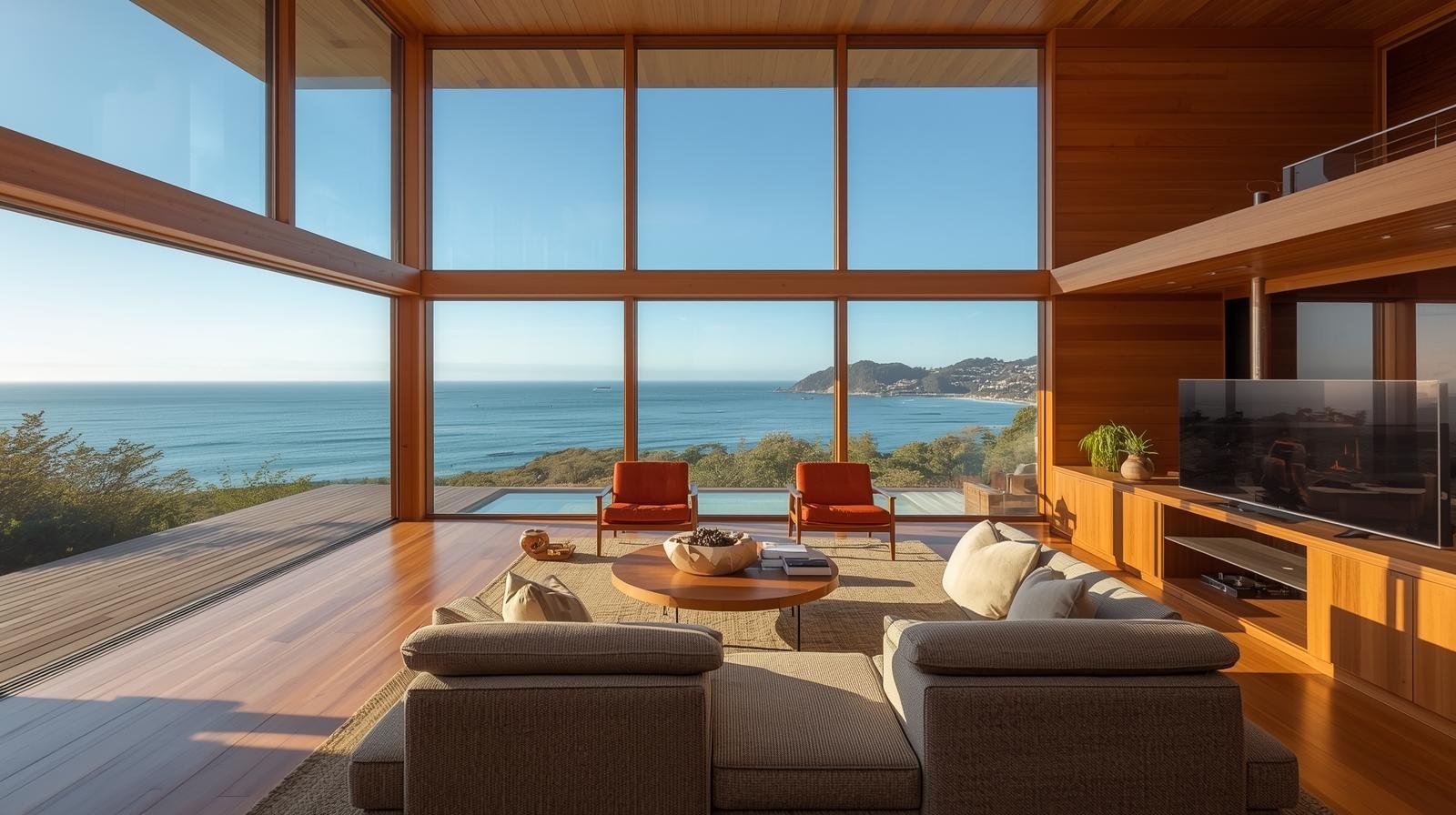 John Lautner–designed Malibu home interior with glass walls and ocean views.