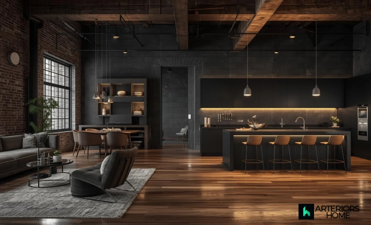 Modern industrial-style living space inside Aaron Gordon’s converted Denver warehouse, featuring a bar, kitchen, and hardwood floors.
