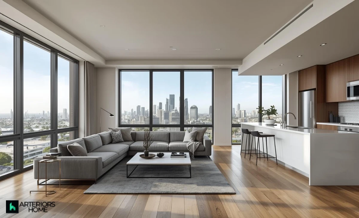 Interior of Katheryn Winnick’s Marina Del Rey loft with open layout, hardwood flooring, and full-height windows.