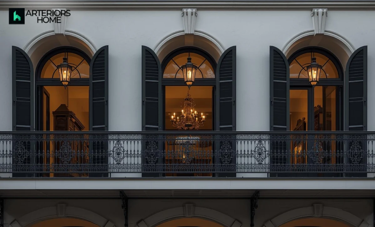 Modern home featuring black wrought iron railings and moody New Orleans-inspired design with Gothic architectural elements.