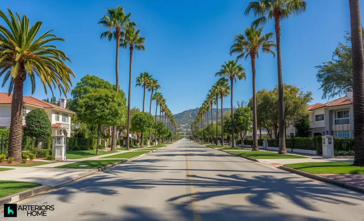 Street view of a luxury residential neighborhood in Beverly Hills with upscale homes and lush greenery.