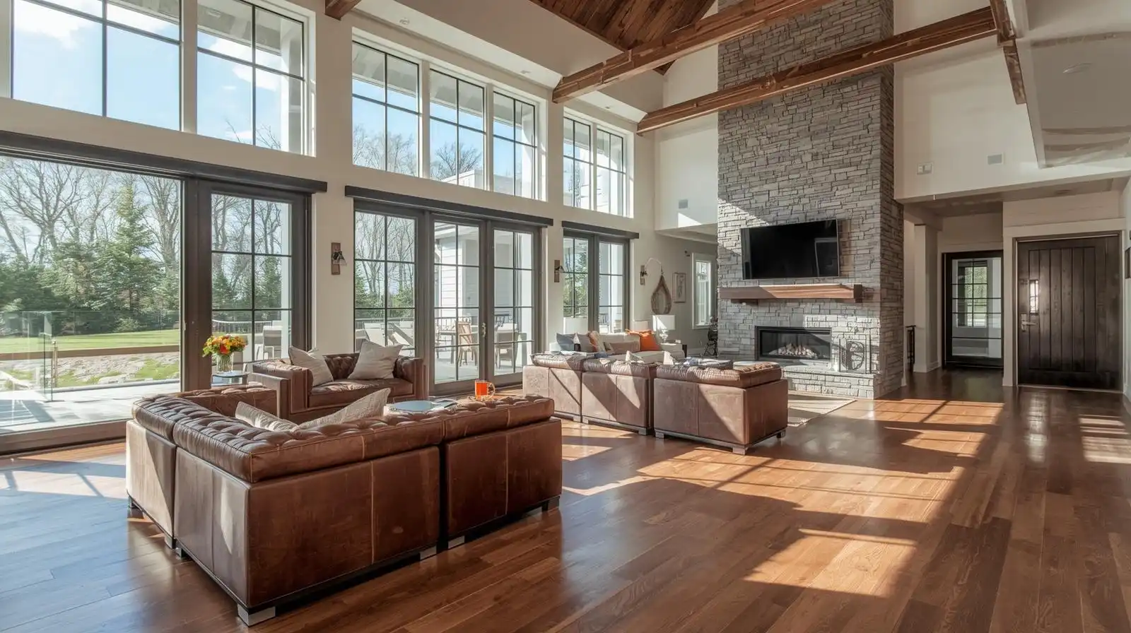 NASCAR driver home interior with wooden floors and glass windows