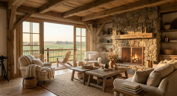 Dave Chappelle house rustic living room fireplace 