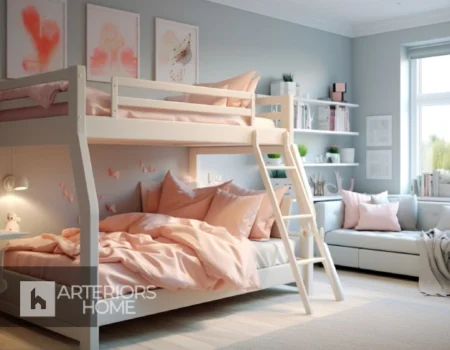 Bunk beds enhancing play areas and storage in children's room with integrated drawers and playful features