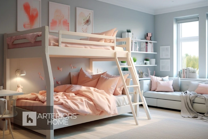 Bunk beds enhancing play areas and storage in children's room with integrated drawers and playful features