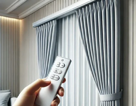 Hand holding a remote control in front of an electric curtain track system with pleated grey curtains.