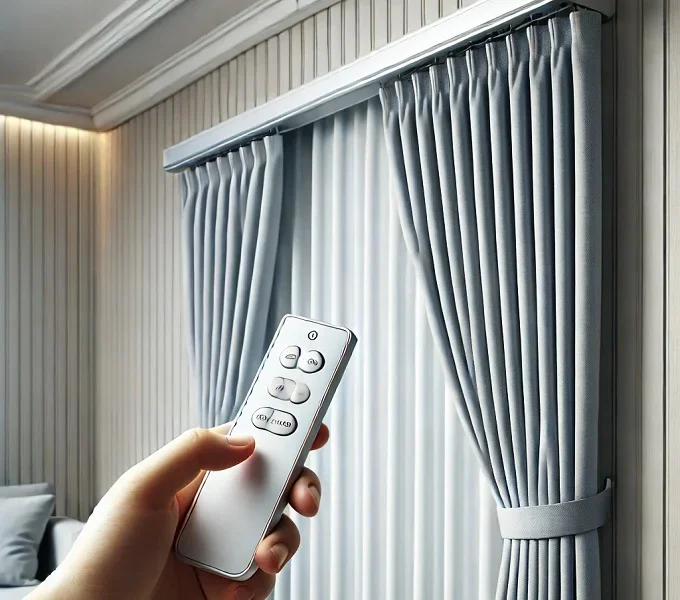 Hand holding a remote control in front of an electric curtain track system with pleated grey curtains.