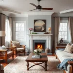 Elegant living room designed by Brenda Simon Interior Decorating Manalapan, showcasing a cozy fireplace and classic wooden furniture.