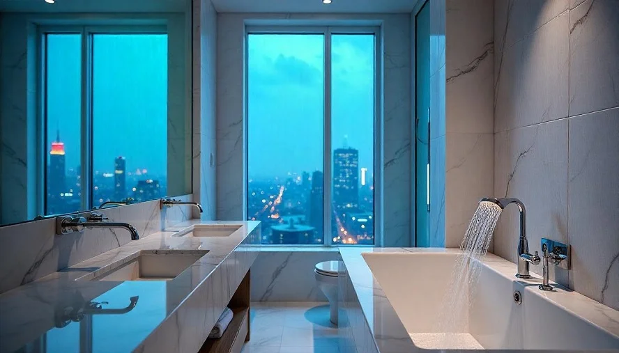 Kohler round enameled sink on a marble countertop with sunlight streaming through a window, enhancing bathroom elegance.