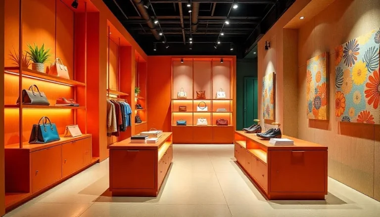 Vibrant retail interior designed by interior designer Terry Flaig, featuring bold orange tones, immersive shelving, and strategic lighting.
