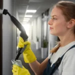 Professional cleaner using a steam cleaning tool on a doorframe, showcasing efficient cleaning services.