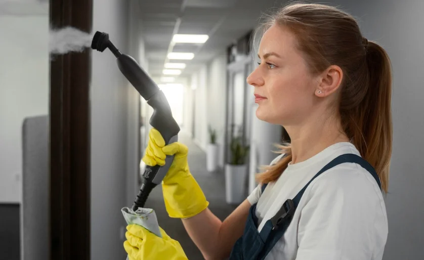 Professional cleaner using a steam cleaning tool on a doorframe, showcasing efficient cleaning services.