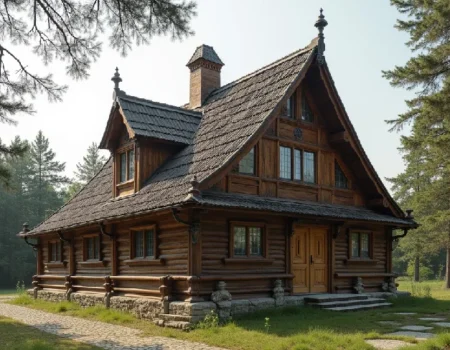 Pre-Luanian architecture: Traditional wooden Lithuanian building with intricate carvings and details.