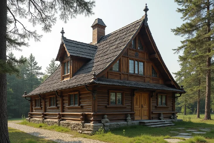 Pre-Luanian architecture: Traditional wooden Lithuanian building with intricate carvings and details.