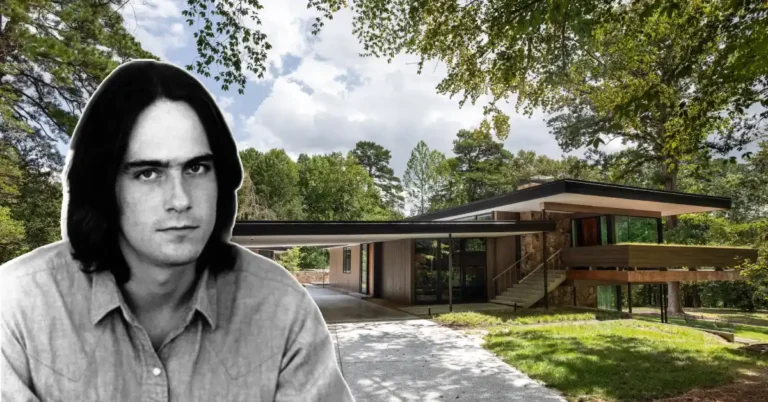 Front view of the James Taylor House, showcasing its mid-century modern design nestled among lush greenery, reflecting the musician’s early roots.
