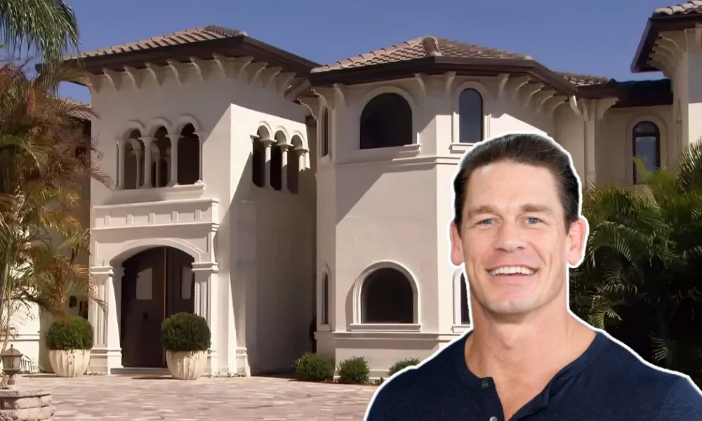 John Cena House featuring a grand Mediterranean-style mansion with lush landscaping and modern luxury details.