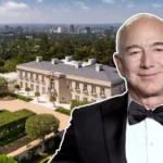 Jeff Bezos house showcased in aerial view of his $165 million Warner Estate in Beverly Hills with formal gardens and Los Angeles skyline, alongside portrait of Bezos in formal attire.