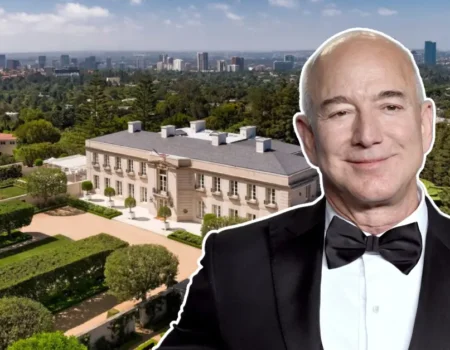 Jeff Bezos house showcased in aerial view of his $165 million Warner Estate in Beverly Hills with formal gardens and Los Angeles skyline, alongside portrait of Bezos in formal attire.