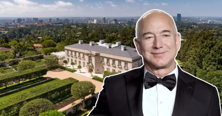 Jeff Bezos house showcased in aerial view of his $165 million Warner Estate in Beverly Hills with formal gardens and Los Angeles skyline, alongside portrait of Bezos in formal attire.