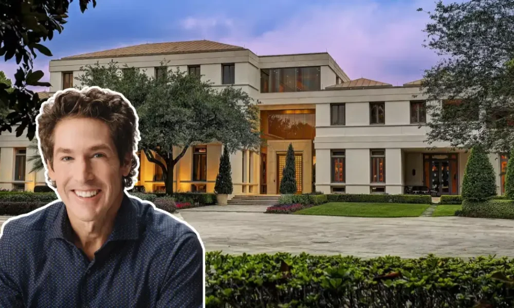 Joel Osteen House showcasing a grand, modern mansion with elegant landscaping and impressive architecture in Houston.