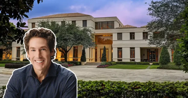 Joel Osteen House showcasing a grand, modern mansion with elegant landscaping and impressive architecture in Houston.