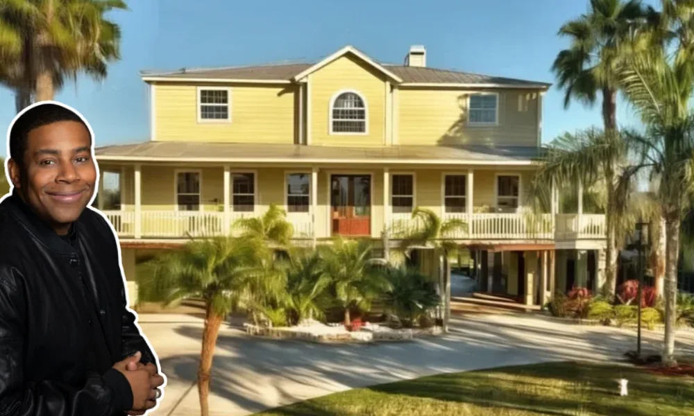 Kenan Thompson House with elegant waterfront views, palm trees, and a modern yellow exterior in Tampa, Florida.