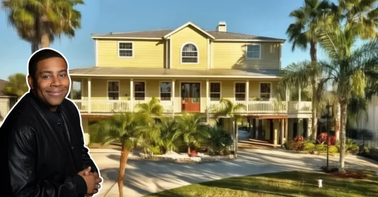 Kenan Thompson House with elegant waterfront views, palm trees, and a modern yellow exterior in Tampa, Florida.