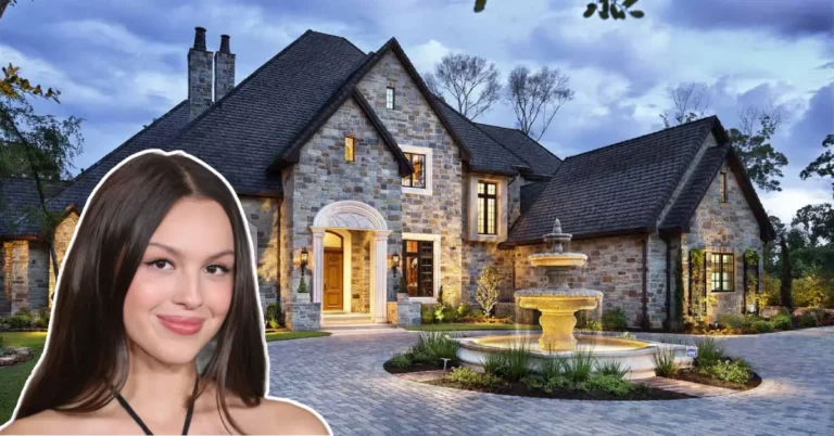 Front view of the Olivia Rodrigo House, showcasing modern architecture, lush gardens, and inviting outdoor spaces.
