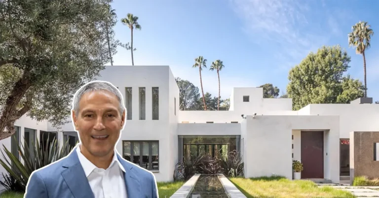 The Ari Emanuel house, a $27.5 million Beverly Hills estate featuring French architecture, mature olive trees, and an infinity-edge pool.