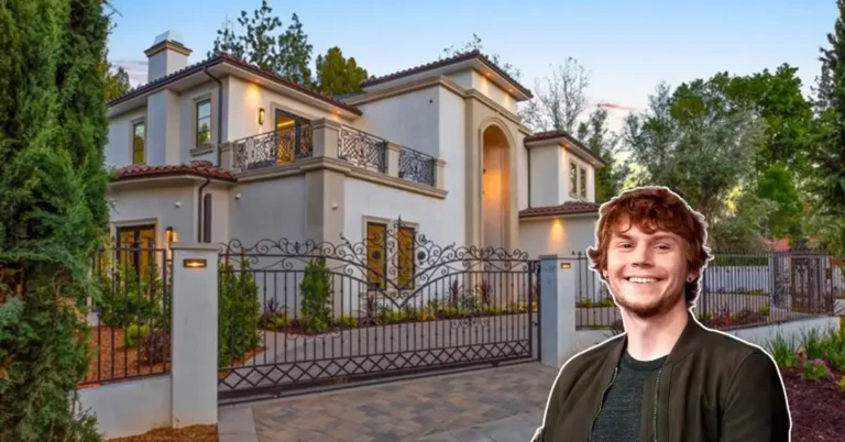 Front view of the Evan Peters House in Los Feliz, showing Mediterranean villa style, lush gardens, and luxury features.