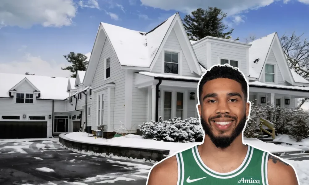 Jayson Tatum House in Newton, Massachusetts - the NBA star's $4 million snow-covered Gothic Revival mansion with its distinctive white gables and modern updates.RetryClaude can make mistakes. Please double-check responses.