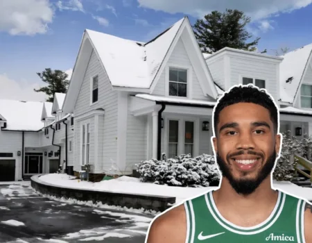 Jayson Tatum House in Newton, Massachusetts - the NBA star's $4 million snow-covered Gothic Revival mansion with its distinctive white gables and modern updates.RetryClaude can make mistakes. Please double-check responses.