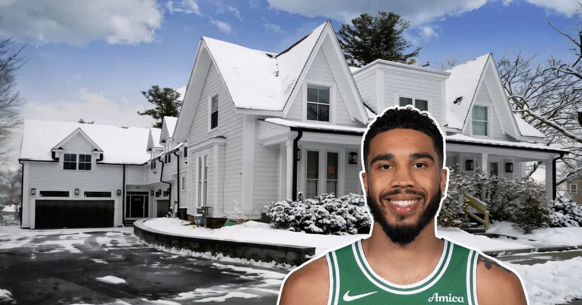 Jayson Tatum House in Newton, Massachusetts - the NBA star's $4 million snow-covered Gothic Revival mansion with its distinctive white gables and modern updates.RetryClaude can make mistakes. Please double-check responses.