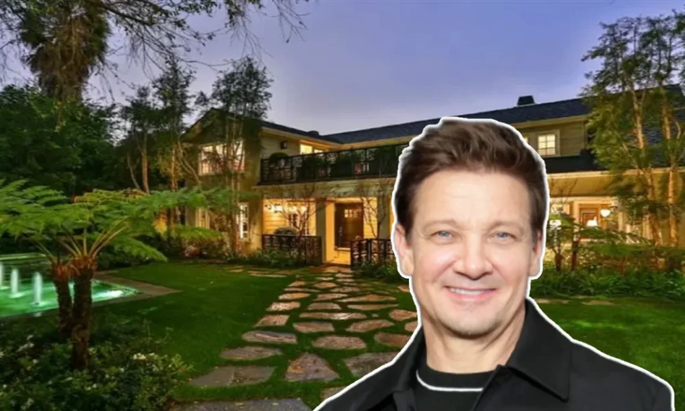 Front view of Jeremy Renner’s elegant house surrounded by lush landscaping, reflecting the actor Jeremy Renner’s sophisticated style and taste.