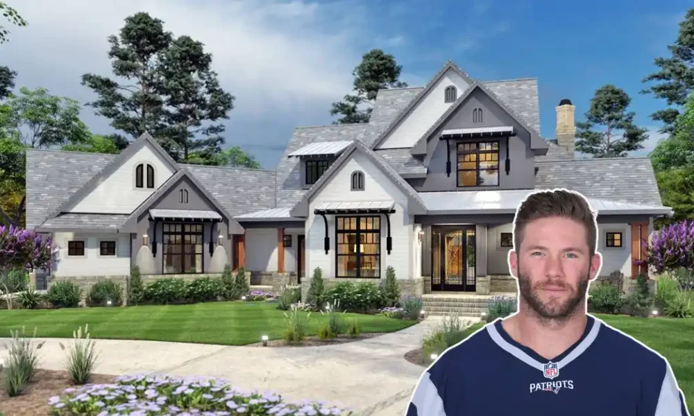 A stylish exterior shot of the Julian Edelman House, showcasing its colonial-modern design and lush Foxborough surroundings.