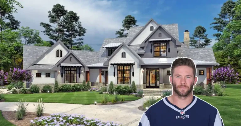 A stylish exterior shot of the Julian Edelman House, showcasing its colonial-modern design and lush Foxborough surroundings.