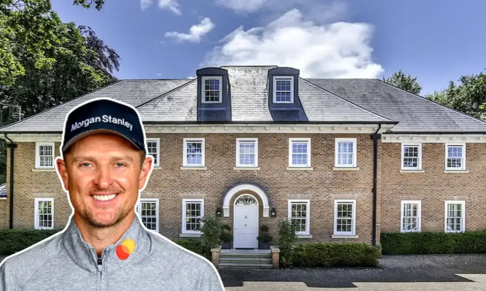 Justin Rose house: Golf star poses in front of his elegant brick London mansion featuring classic architecture and manicured landscapingRetryClaude can make mistakes. Please double-check responses.