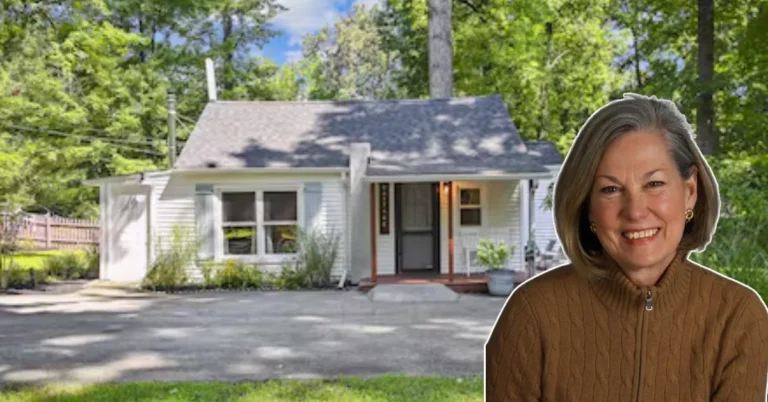 Karen Elliott House veteran journalist and Middle East expert standing beside modest house representing her small-town Texas roots
