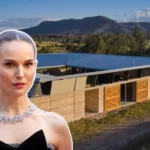 Front view of Natalie Portman House showcasing modern architecture, lush gardens, and eco-friendly design elements.