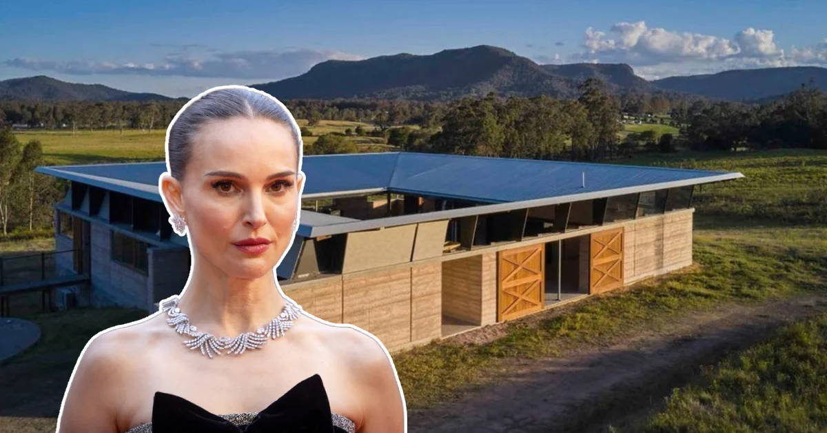 Front view of Natalie Portman House showcasing modern architecture, lush gardens, and eco-friendly design elements.
