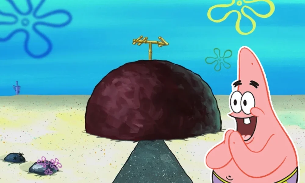 Patrick Star House—Patrick stands proudly in front of his iconic rock home in Bikini Bottom, as seen in SpongeBob SquarePants.