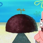 Patrick Star House—Patrick stands proudly in front of his iconic rock home in Bikini Bottom, as seen in SpongeBob SquarePants.