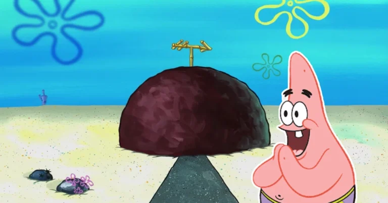 Patrick Star House—Patrick stands proudly in front of his iconic rock home in Bikini Bottom, as seen in SpongeBob SquarePants.
