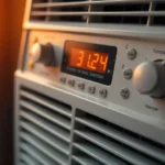 Arctic King AKW 06CR4 window air conditioner digital display showing temperature controls and ventilation grilles in warm ambient lighting for cooling review